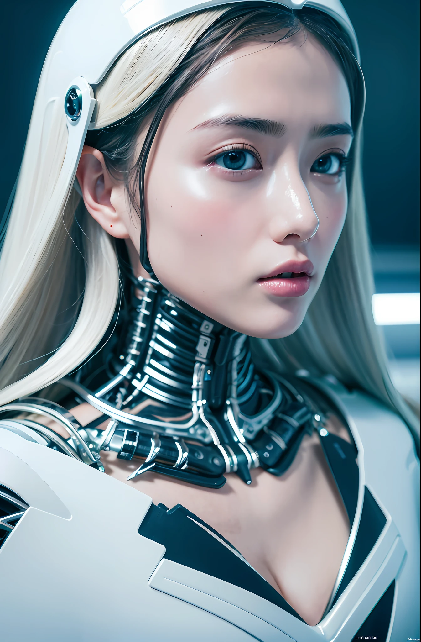 複雜的 3D 渲染超詳細美麗的陶瓷輪廓女性 Android 臉, 机器人, 機器人 parts, 150毫米, 美丽的工作室柔和的灯光, 大乳房, 邊緣光, 生動的細節, 華麗的賽博龐克, 蕾絲, 超現實主義, 解剖的, 面部肌肉, 電纜線, 微晶片, 優雅的, 美麗的背景, 辛烷渲染, HR 吉格尔风格, 8K, 最好的品質, 傑作, 插圖, 非常精緻美麗, 非常詳細, CG, 制服, 壁紙, ( 實際的, photo實際的: 1.37), 極佳的, 精心製作的, 傑作, 最好的品質, 官方藝術, highly detailed CG unity 8K 壁紙, 荒誕, incredible 荒誕ity, 機器人, 銀珠, 全身, 坐