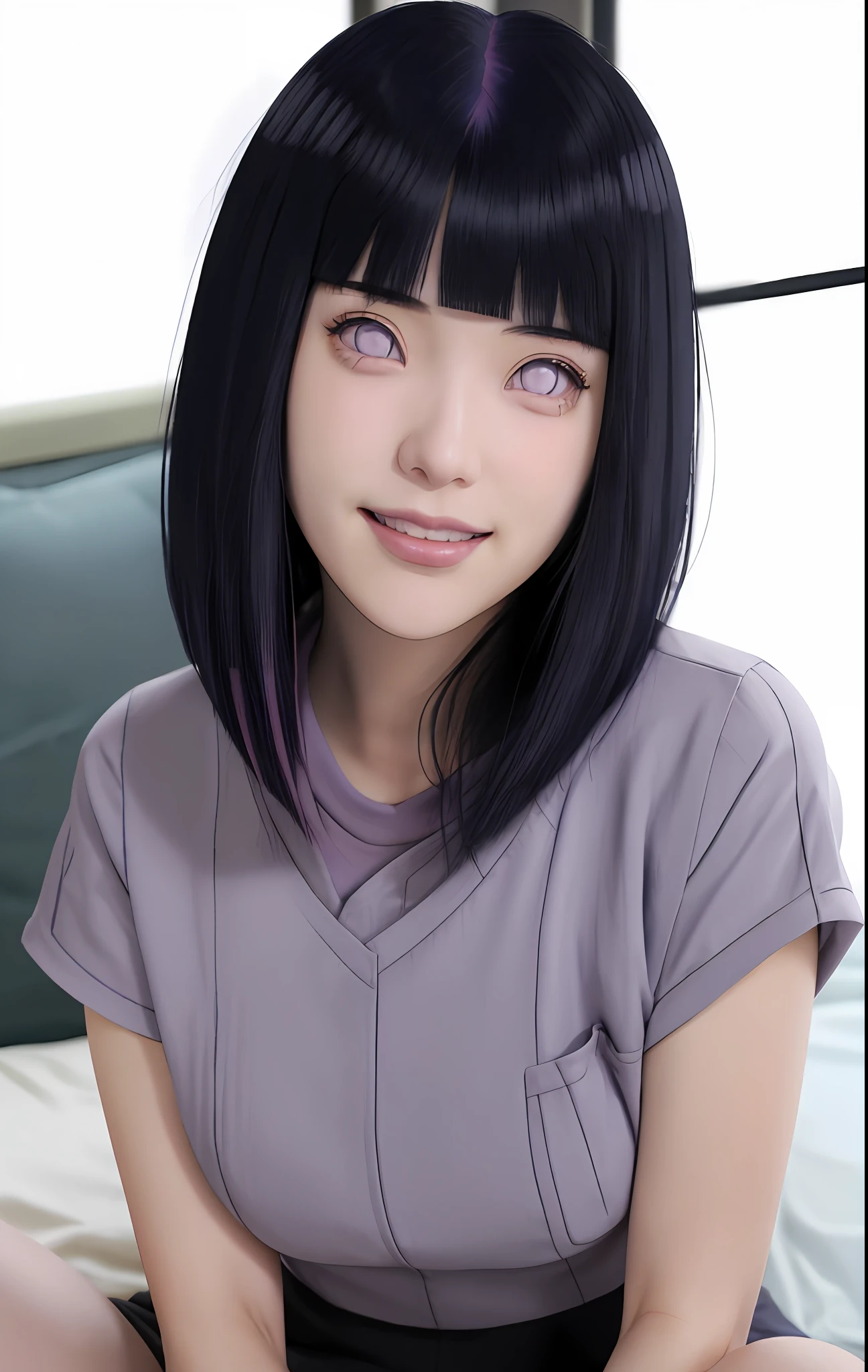 a girl with long blue hair and a gray shirt, hinata hyuga, hinata hyuga from naruto, she has black hair with blunt bangs, realistic, with long dark hair, from naruto, blunt bangs, purple eyes, pink lips, (realistic hair:1.3), (long hair:1.3), (smile:1.3), detailed character, realistic character, blushing,  (beautiful face:1.3),