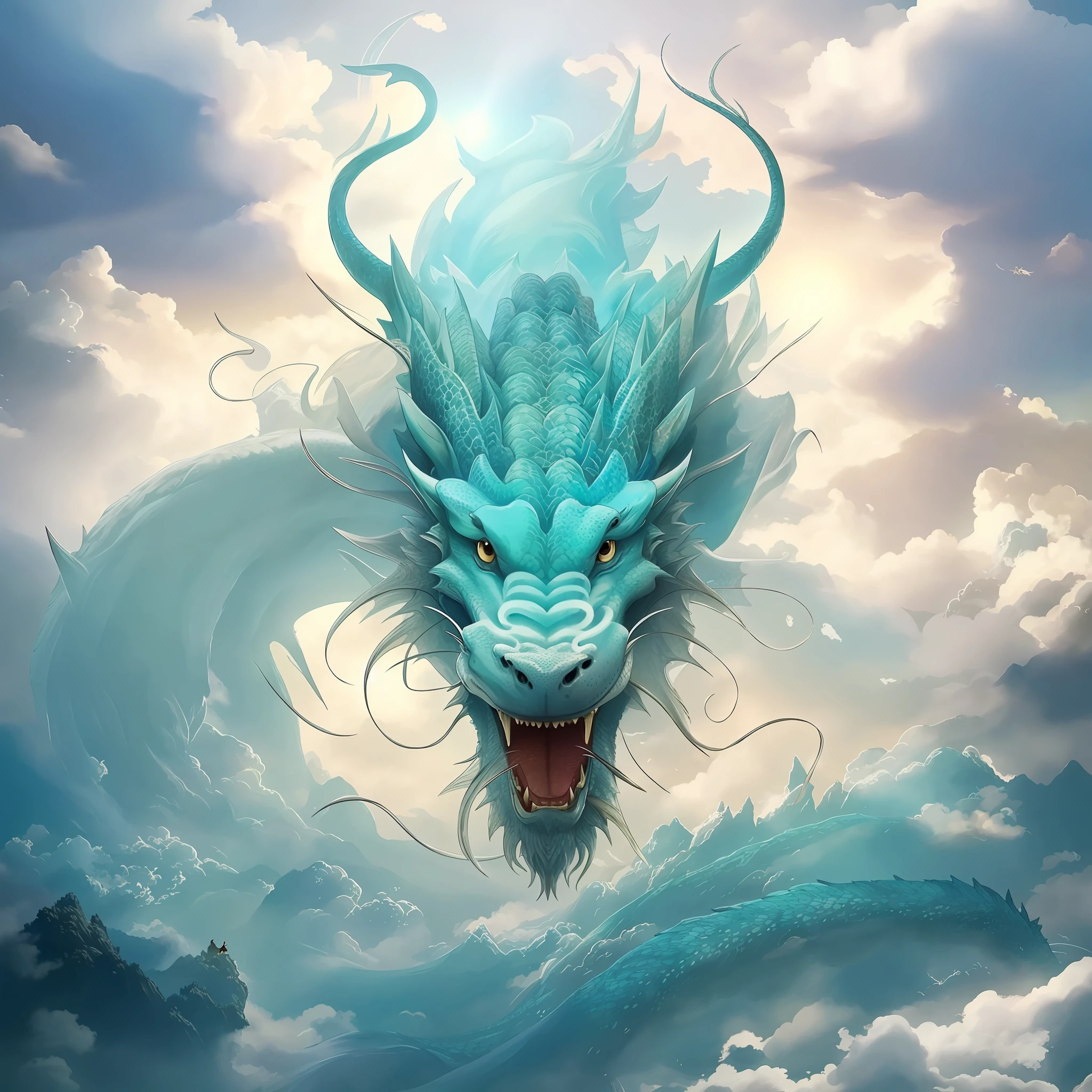 A blue dragon with a long tail is flying through the sky - SeaArt AI