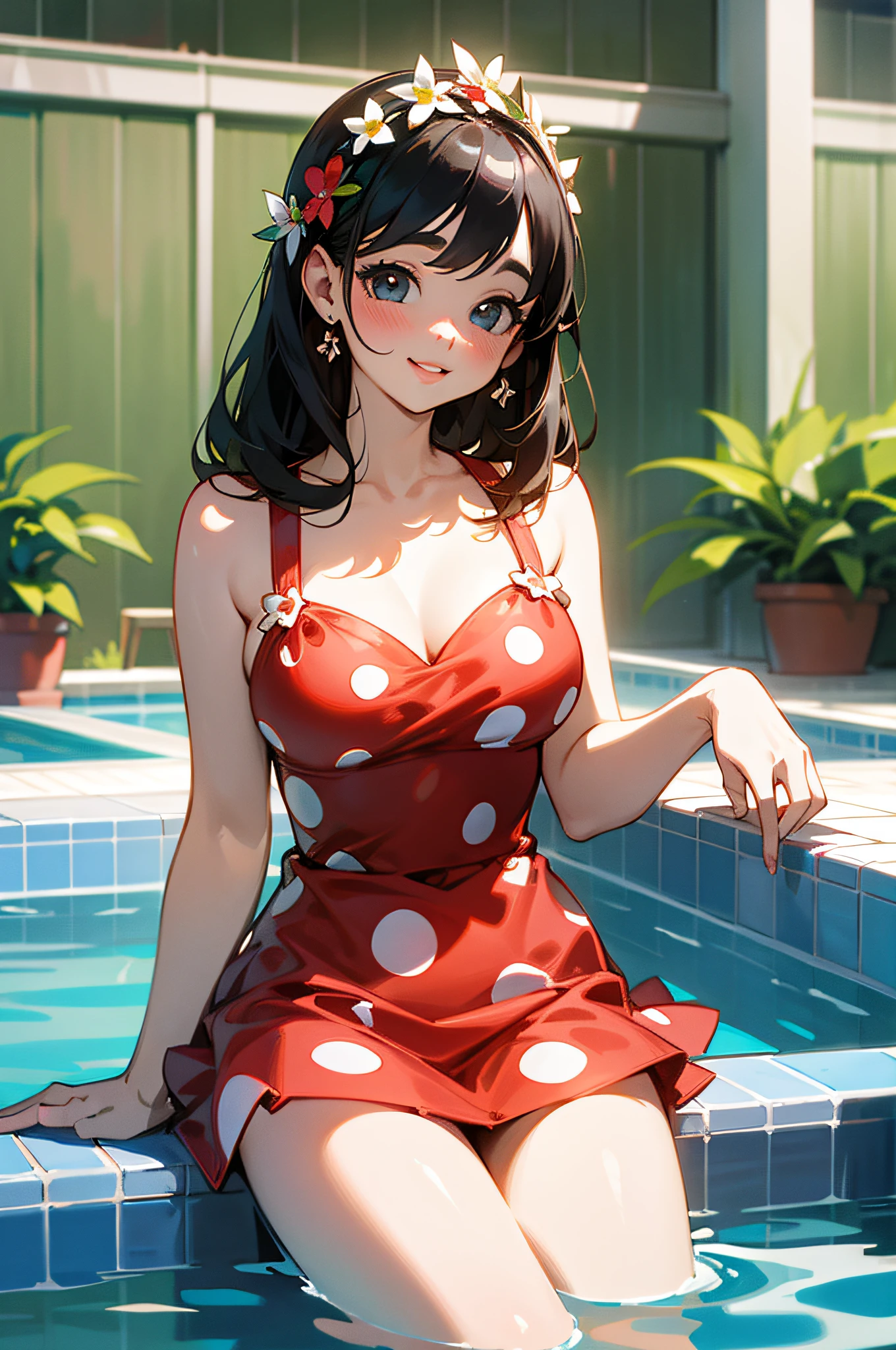 Anime girl in a red dress sitting in a pool - SeaArt AI