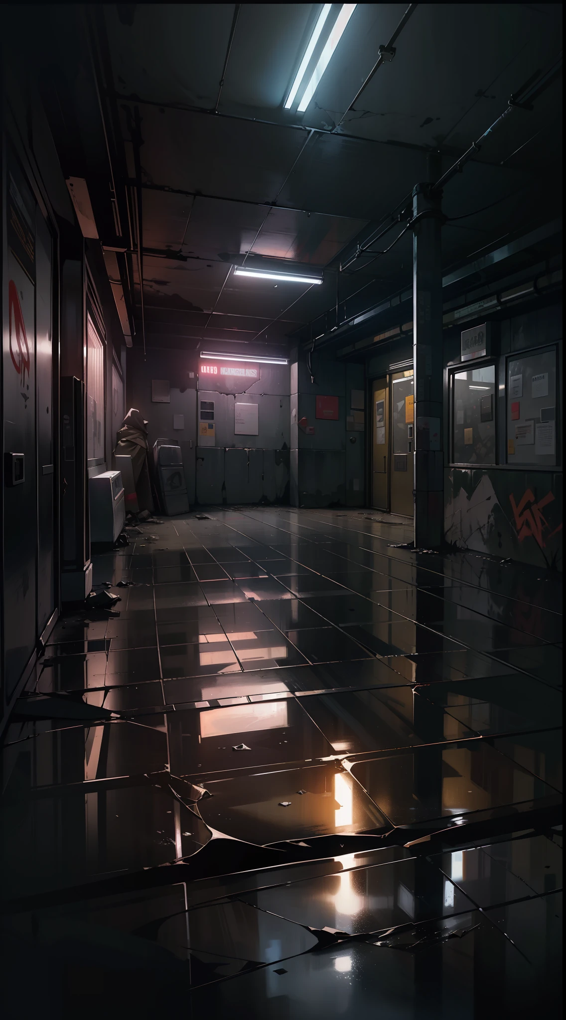 (masterpiece), (very dark environment),(feeling of suspense),(very contrasting shadows),image of an abandoned subway stop from the 80s, graffiti on the walls, cracks, puddles of water reflecting light, lots of dirt on the floor, wiring, the dark silhouette of a city in the background, very dark closed night, dense fog, volume smoke,  dim yellow bulb light