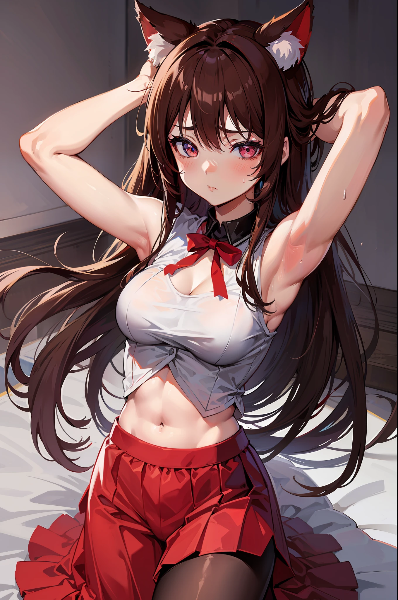 Top quality, 8K)) anime girl with long hair and cat ears, Rin Tosaka, anime moe art style, anime style like Fate/stay night, anime girl with long hair, very cute anime girl face, nightcore, from girl frontline, cute anime girl portrait, anime girl with cat ears, high quality anime art style, Beautiful anime woman red ribbon in hair gorgeous red dress beautiful abs sweat armpit sweat arm up angry