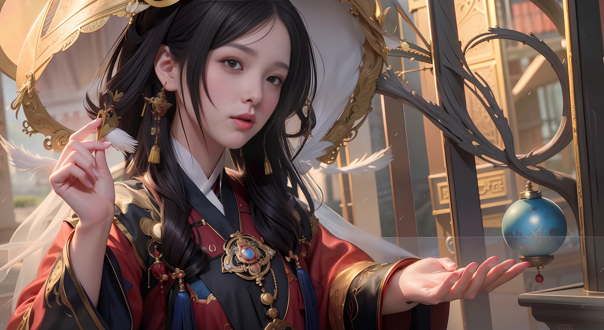 anime girl in a red and black outfit holding a glass ball, palace ， a girl in hanfu, artwork in the style of guweiz, extremely detailed artgerm, artgerm and atey ghailan, ruan jia and artgerm, beautiful character painting, trending on cgstation, 2. 5 d cgi anime fantasy artwork