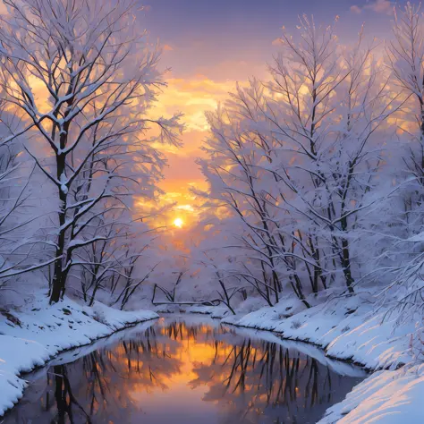 Leafless tree in winter snow sunset near a river where it reflects the realistic sun 8k --auto --s2