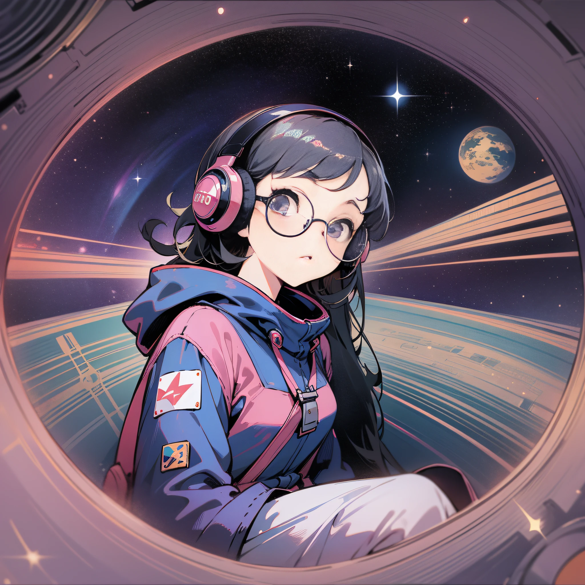 Anime girl in space with headphones and a space station - SeaArt AI