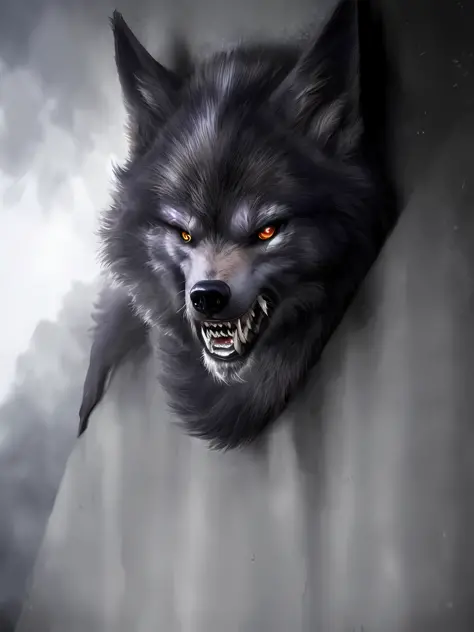 Wolf, demonic, coming out of the wall, white background, hyper realistic,