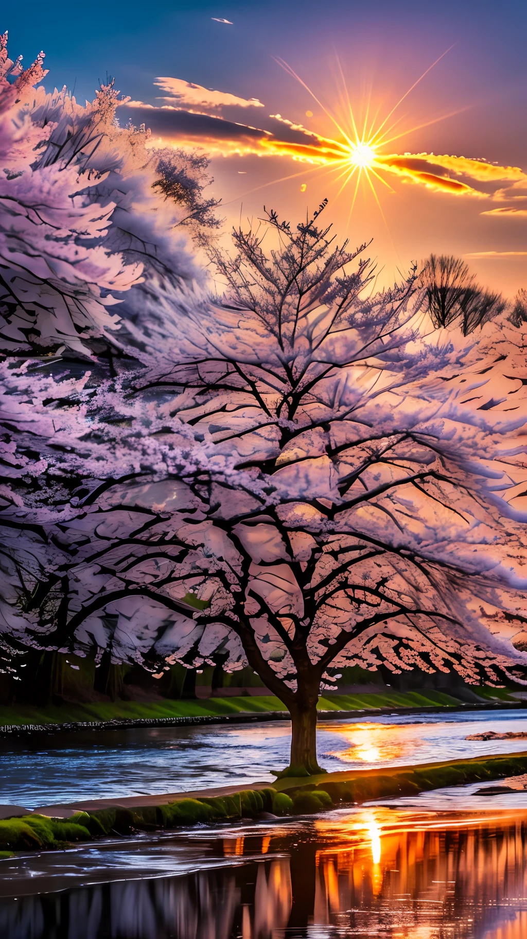 Cherry tree teoets leaves in spring sunset near a river where it reflects the realistic sun 8k --auto --s2