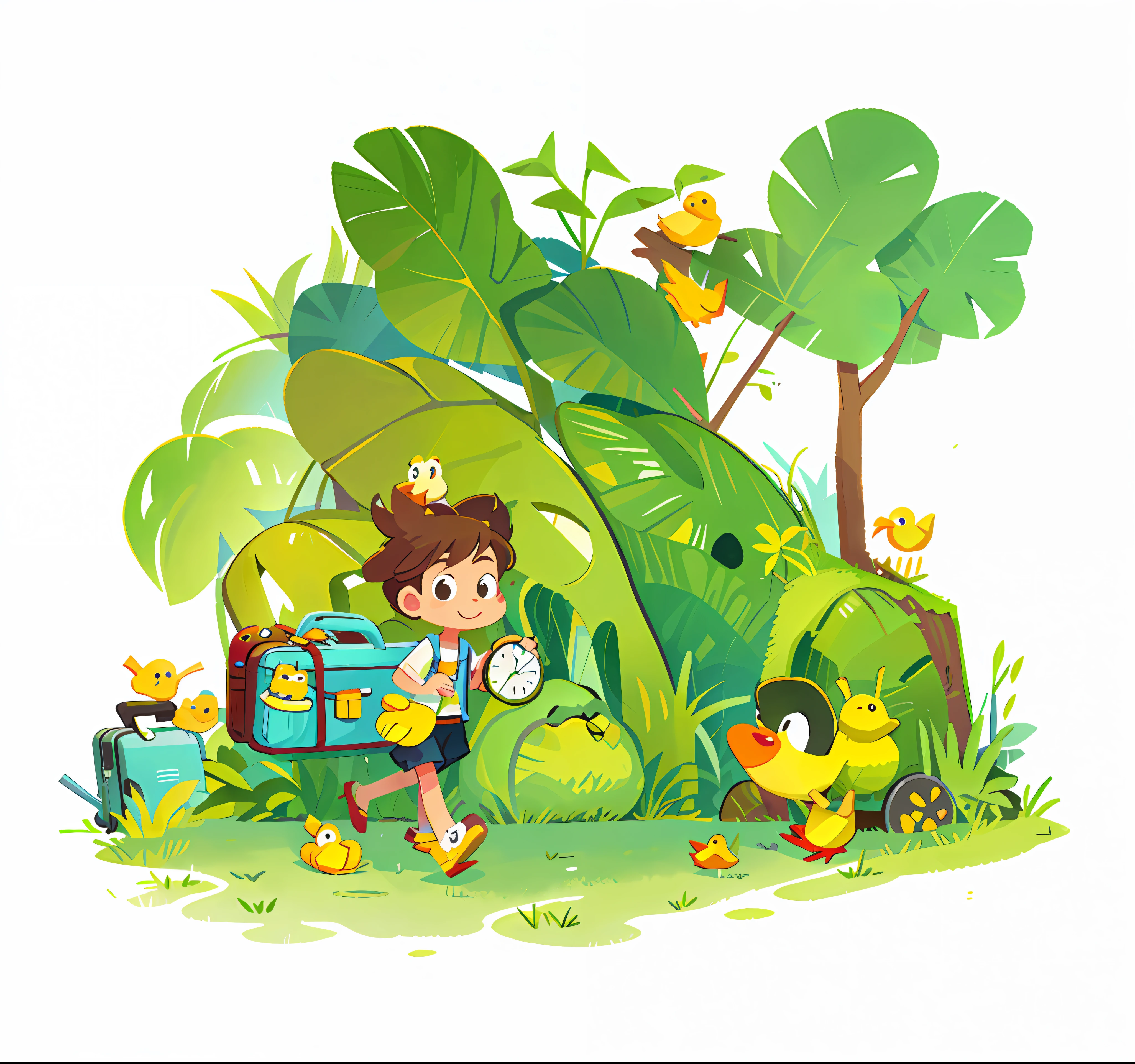 A little yellow duck holding a suitcase, freely and happily exploring the unknown world in the cute stick figure style of a traveling frog.