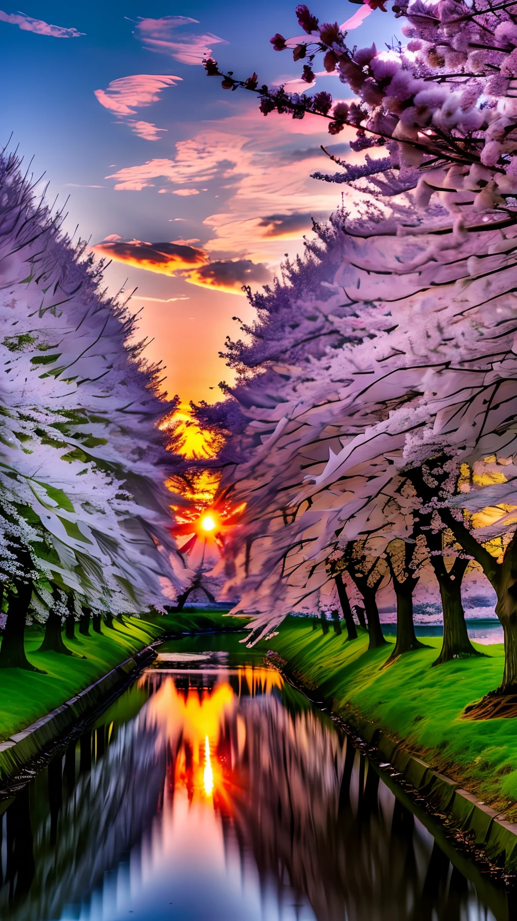 Cherry tree teoets leaves in spring sunset near a river where it reflects the realistic sun 8k --auto --s2