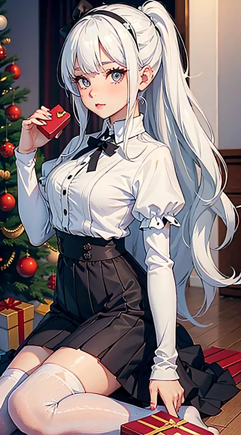 Over-the-knee socks, long skirts, welfare, dress yourself up as gifts, white hair, girl, little dumb claws