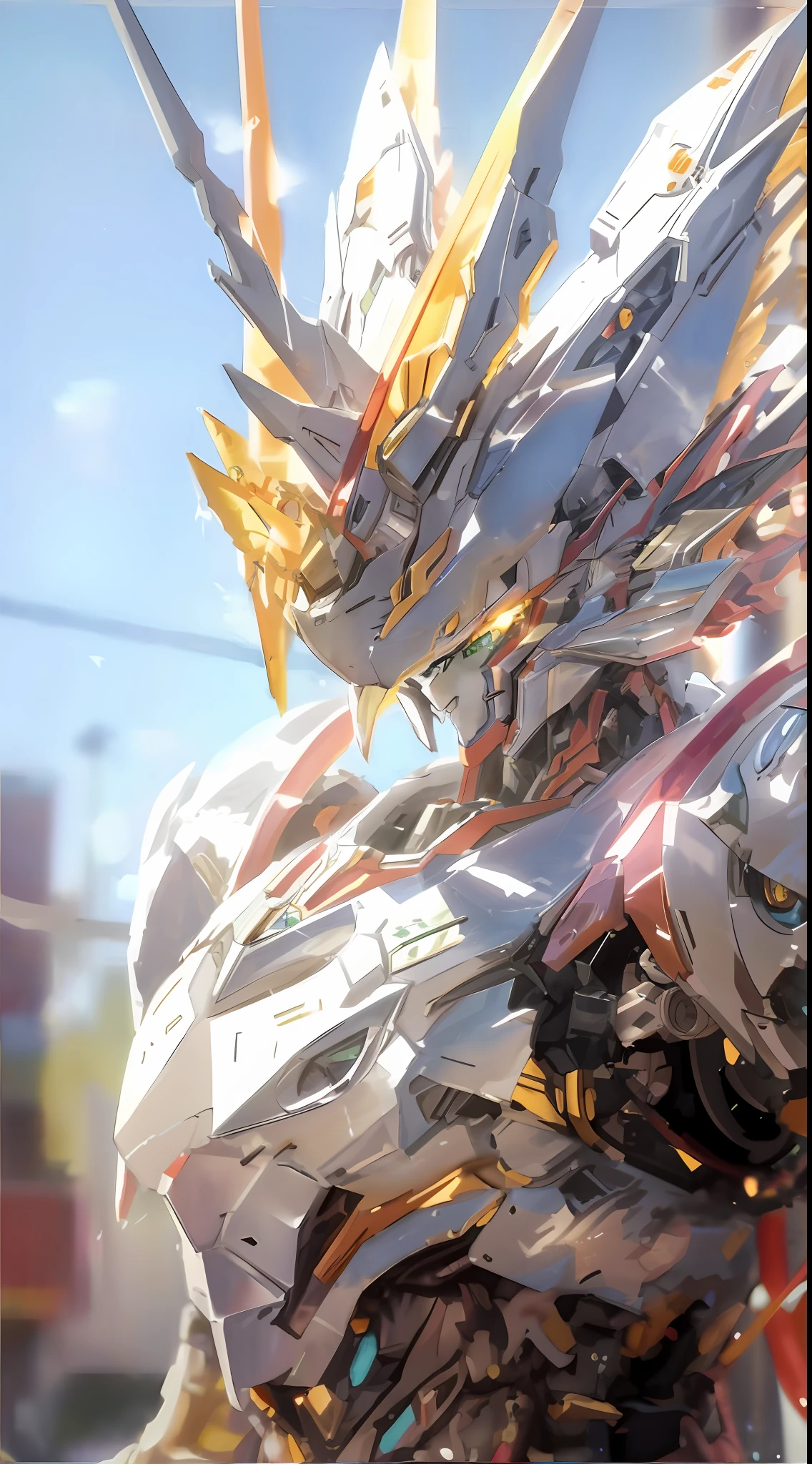 Una cabeza de dragón hembra mecha con primer plano de espada, Detalles extremos, Estilo anime digital, lleno de belleza mecánica, Tema Mecha, exquisito arte anime, fondo de pantalla a todo color 4k.