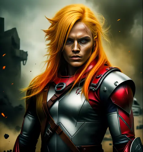 A superhero with blonde hair, dark red clothing, bright, golden hair, imposing, post apocalyptic scenery, 4k, realism, high defi...