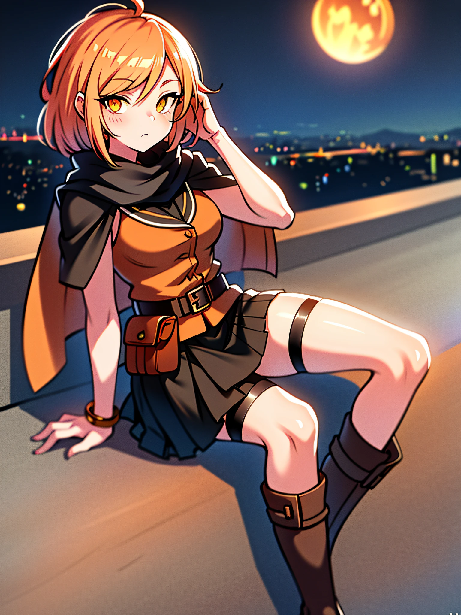 orange eyes light,richly faded light orange hair, anime 1girl, no skirt, brown military boots, pouch on the waist belt, khaki bikini, "black tights", "dark_orange knee pad on right leg",( night city:1.4), black long cloak, (good hand:1.5 ) good legs, (Good face: 1.5), 1girl, best hand, no worst hand. without clothes, in big city