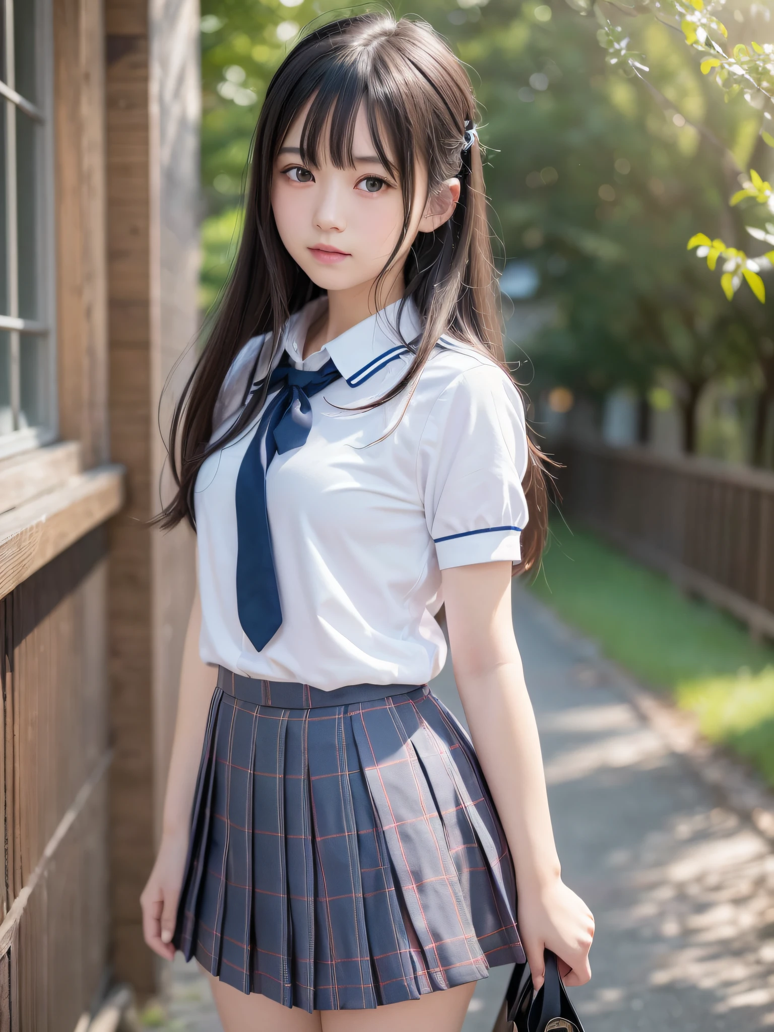 1 nogizaka girl, utterly cute, bishojo, 17yo, (white  short sleeves), blue plaid pleated skirt, an exquisitely detailed and beautiful face and eyes and skin, detailed black shine hair, small-medium breasts, smile at the camera, (upper body), the way from school to home, professional lighting, BREAK, (realistic, photo-realistic:1.37), 8k, (masterpiece), (best quality:1.4), (ultra high res:1.2), (RAW photo:1.2), (ultra detailed beautiful cloth), perfect anatomy, 4fingers and 1thumbs, ultra detailed background, (unity 8k wallpaper)