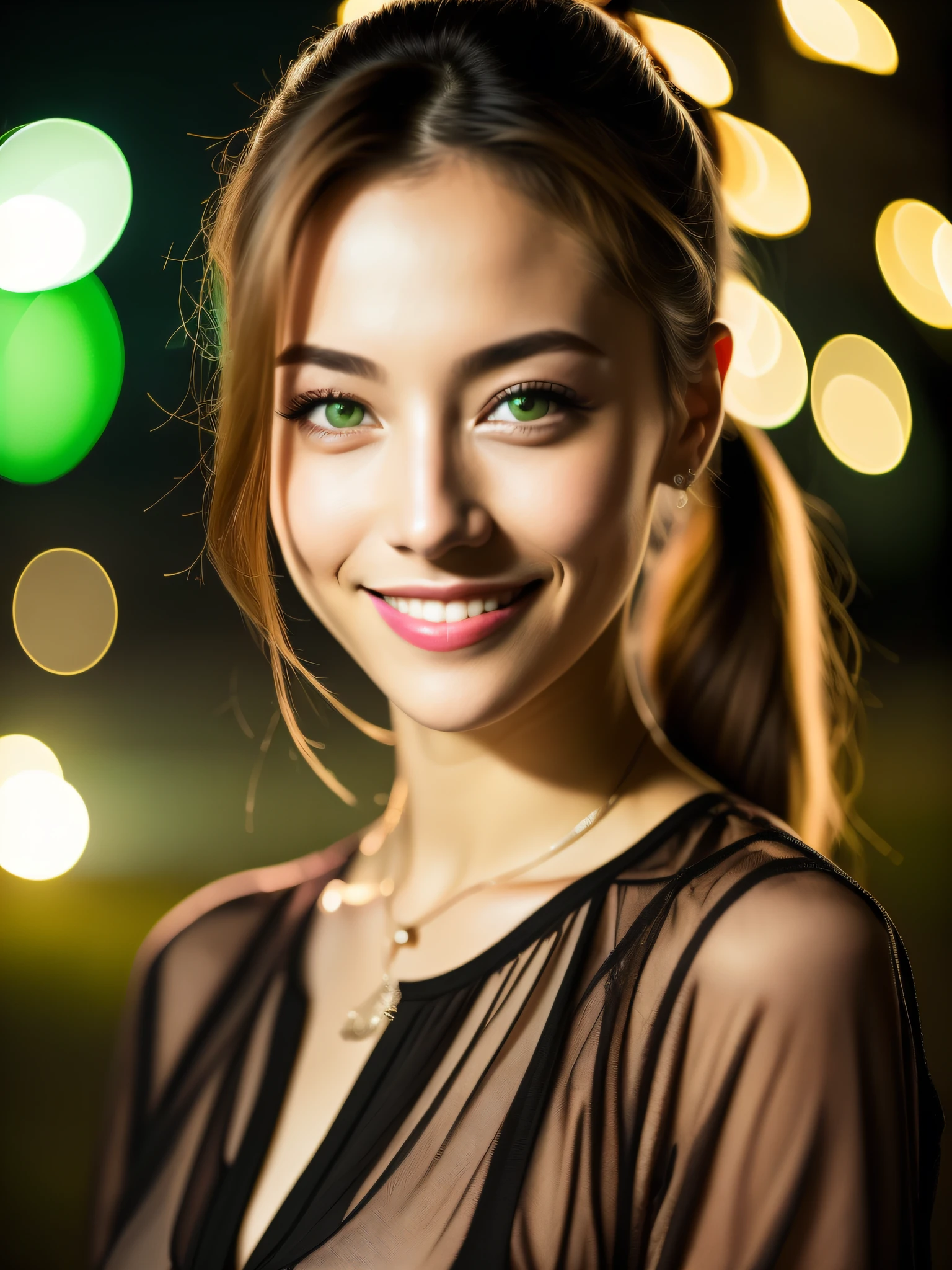 Night view, close-up of a photo of a sexy girl, bust, posing, smiling looking at camera, brown ponytail, (green eyes: 0.5), cute young face, 18 years old, soft volumetric light, (backlight: 1.3), (cinematic level: 1.3), intricate details, (ArtStation: 1.2)