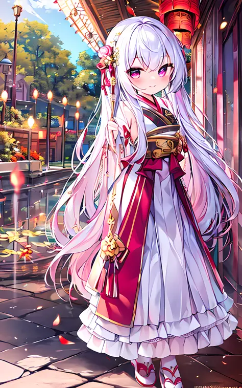highly detailed,ultra-detailed,best quality,illustration,(Best character details:1.36),very close to viewer
beautiful ancient palace background,Exquisite architecture,(delicate background),(Soft glow:0.8),{bloom},sunlight,red lantern,fireworks, pink flower...