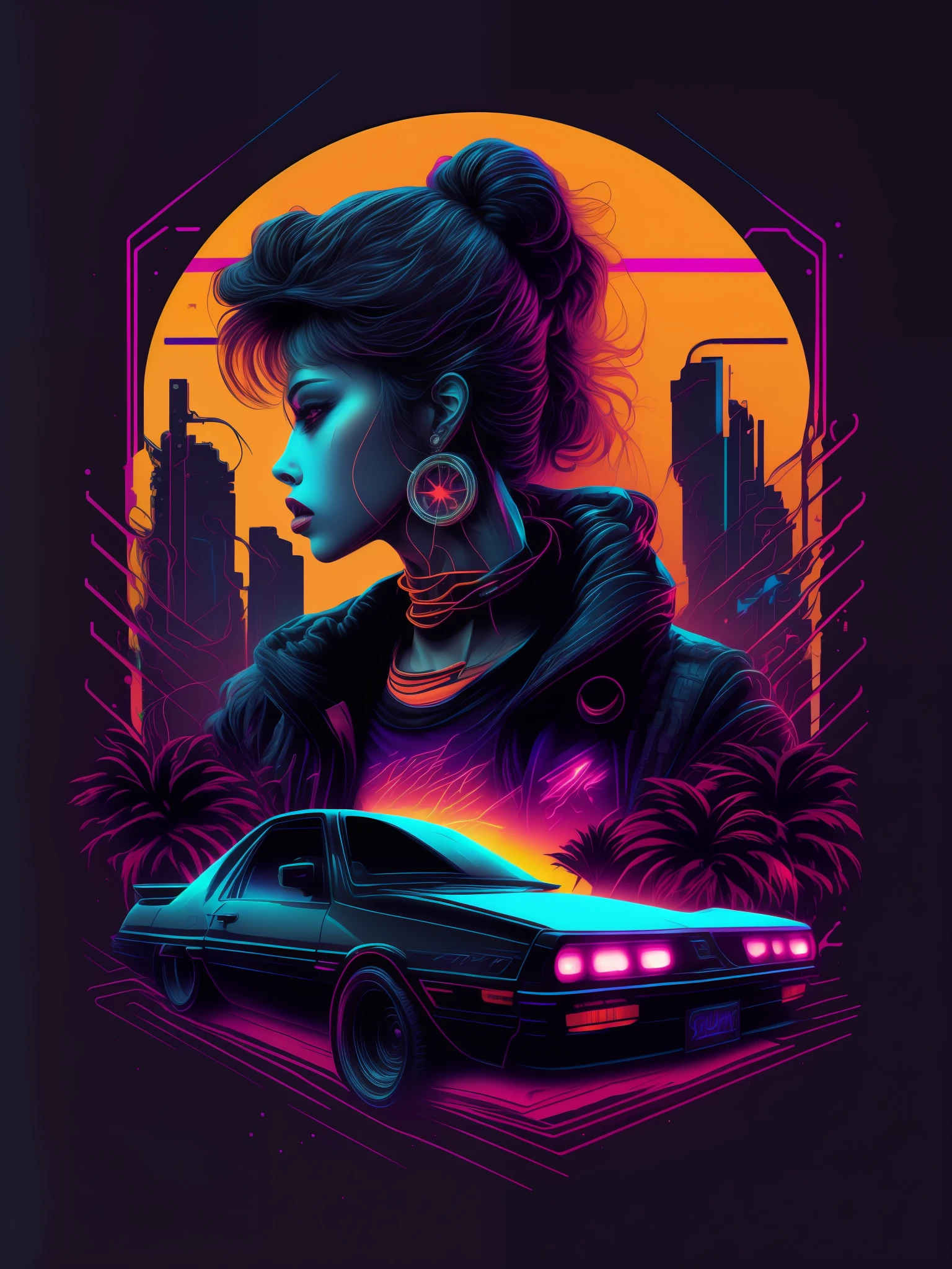 fille chaude, voiture, vectorisé, synthwave, violet bleu rouge orange, couleurs néon vives sur fond sombre,