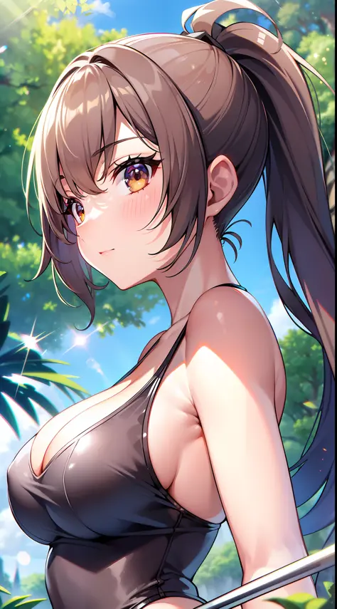 (Best Quality:1.2), (Sharp Detail:1.2), School Swimsuit, Split Eyes, Big, Upper Body, Unbalanced, Deep cleavage, Arms Behind Head, Embarrassing, Ponytail, Dynamic Angle, Railing, (Landscape:1.2), Trees, (Summer:1.2), Gloss, (Chromatic Aberration:1.2), Rays...