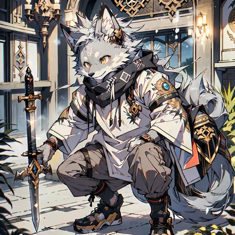(Best Quality), (Masterpiece), ((Single 1.5)), (Ultra Detailed), (Furry), Full Body Furry, Furry, (Male Arctic Fox: 1.5), (Gray ...