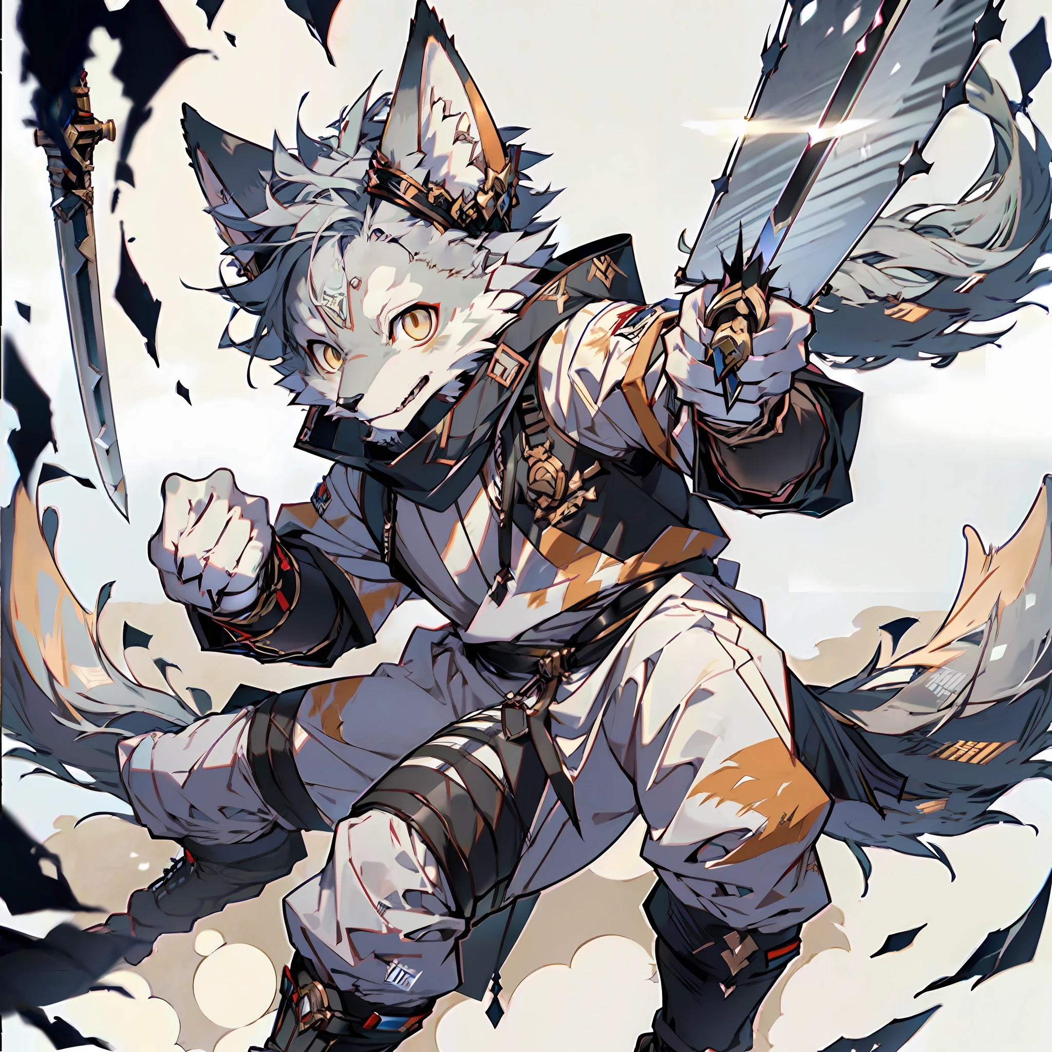 (Best Quality), (Masterpiece), ((Single 1.5)), (Ultra Detailed), (Furry), Full Body Furry, Furry, (Male Arctic Fox: 1.5), (Gray Skin: 1.3), (Gray Fur: 1.3), (Fluffy Tail: 1.2), Character Focus, (Golden Eyes), (Canine Paws), (Gray Ears), Sharp Focus, (Furry Animal Ears), ((Armor)), ((Sword)), ((monster_ hunter_style))