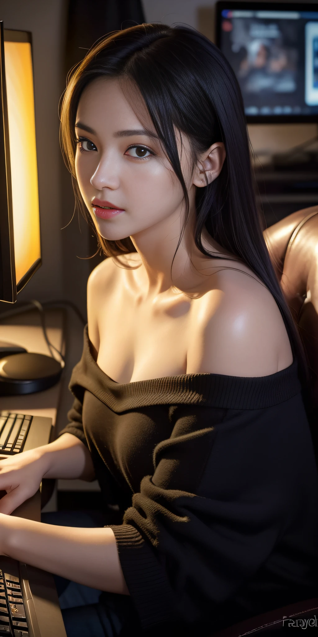 Top Quality, Masterpiece, Ultra High Resolution, Personified as a Gaming Computer Setup (Photorealistic: 1.4), Raw Photo, 1girl, Off Shoulder, Professional Lighting, Big Chest Enhancement, Deep Shadows, Unobtrusive, Cold Light, Gaming Computer Setup