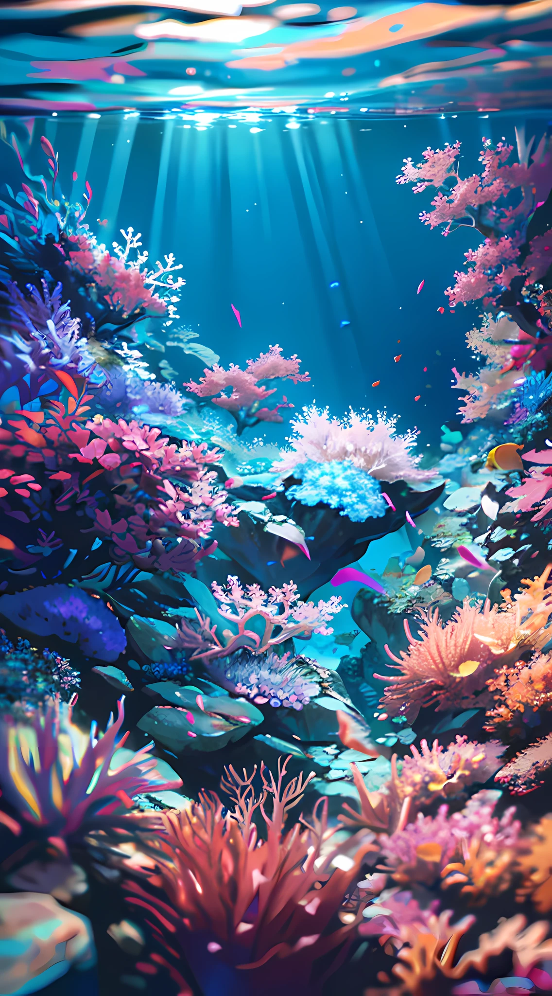 (masterpiece, best quality:1.2), (no humans, cliff, underwater, perspective, from below:1.5), 8k, raw photo, absurdres, beautiful coral reef, rocks, many very small fishs, colorful tropical fishs, light leaks, depth of field, stunning scape, film grain, chromatic aberration, dynamic lighting, dramatic lighting, HDR, photorealistic, film grain, chromatic aberration, highres, ultra detailed, finely detail, extremely detailed, shadow, sharp focus