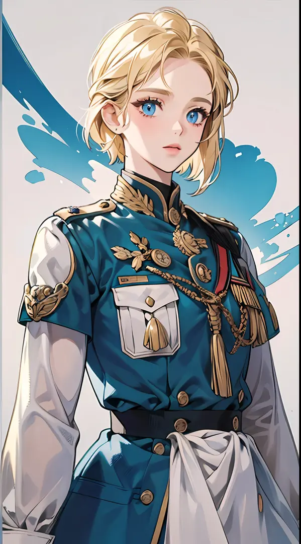 A girl with short blonde hair in military uniform, blue eyes, looking at the camera, front, (white background), standing painting, attention to detail, highest quality,