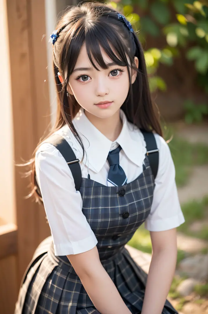 1 nogizaka girl, utterly cute, bishojo, 12yo, (white school uniform short sleeves), blue plaid pleated skirt, an exquisitely detailed and beautiful face and eyes and skin, detailed black shine hair, smile at the camera, cowboy shot, the way from school to ...