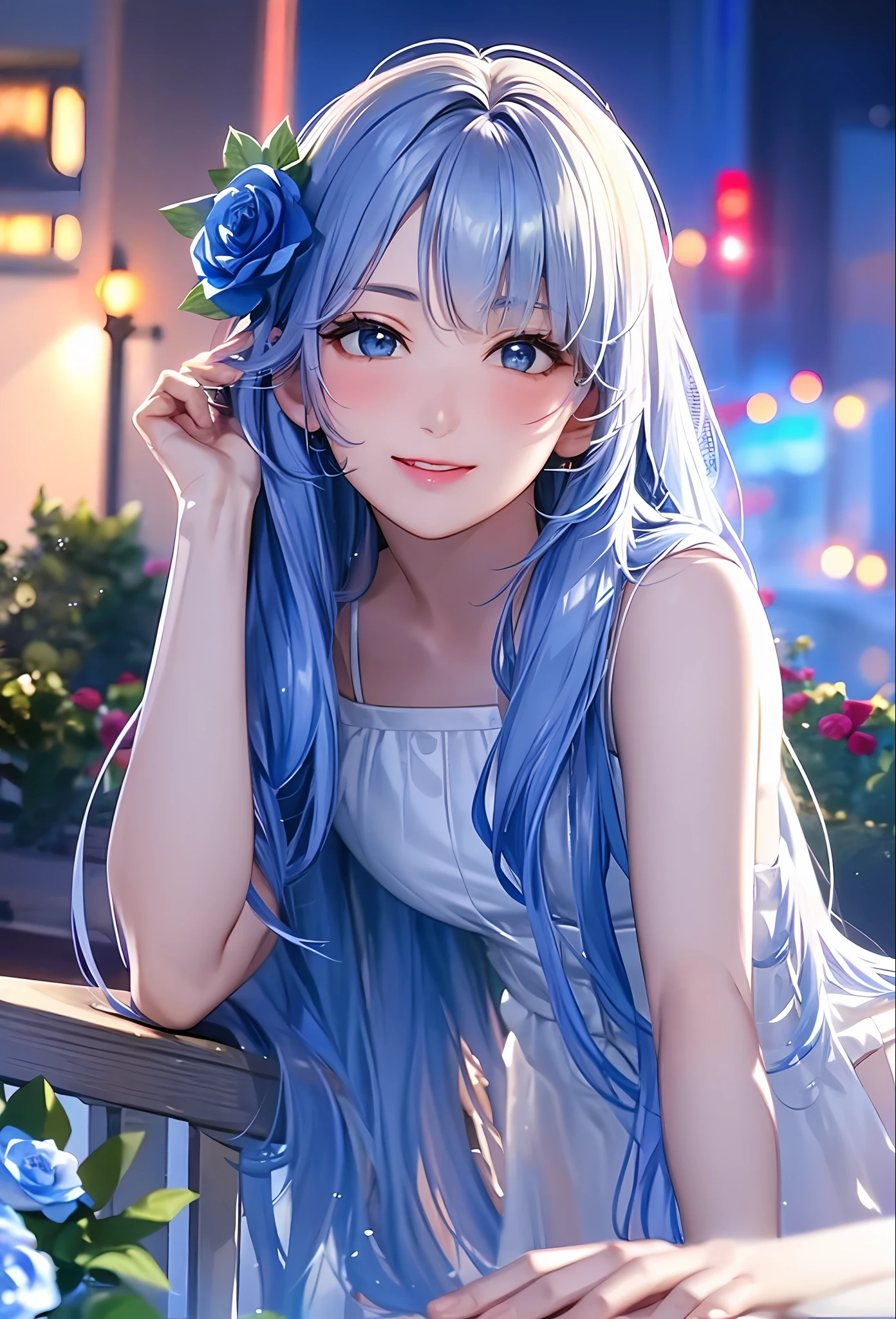 Anime girl with blue hair and blue flowers in her hair - SeaArt AI