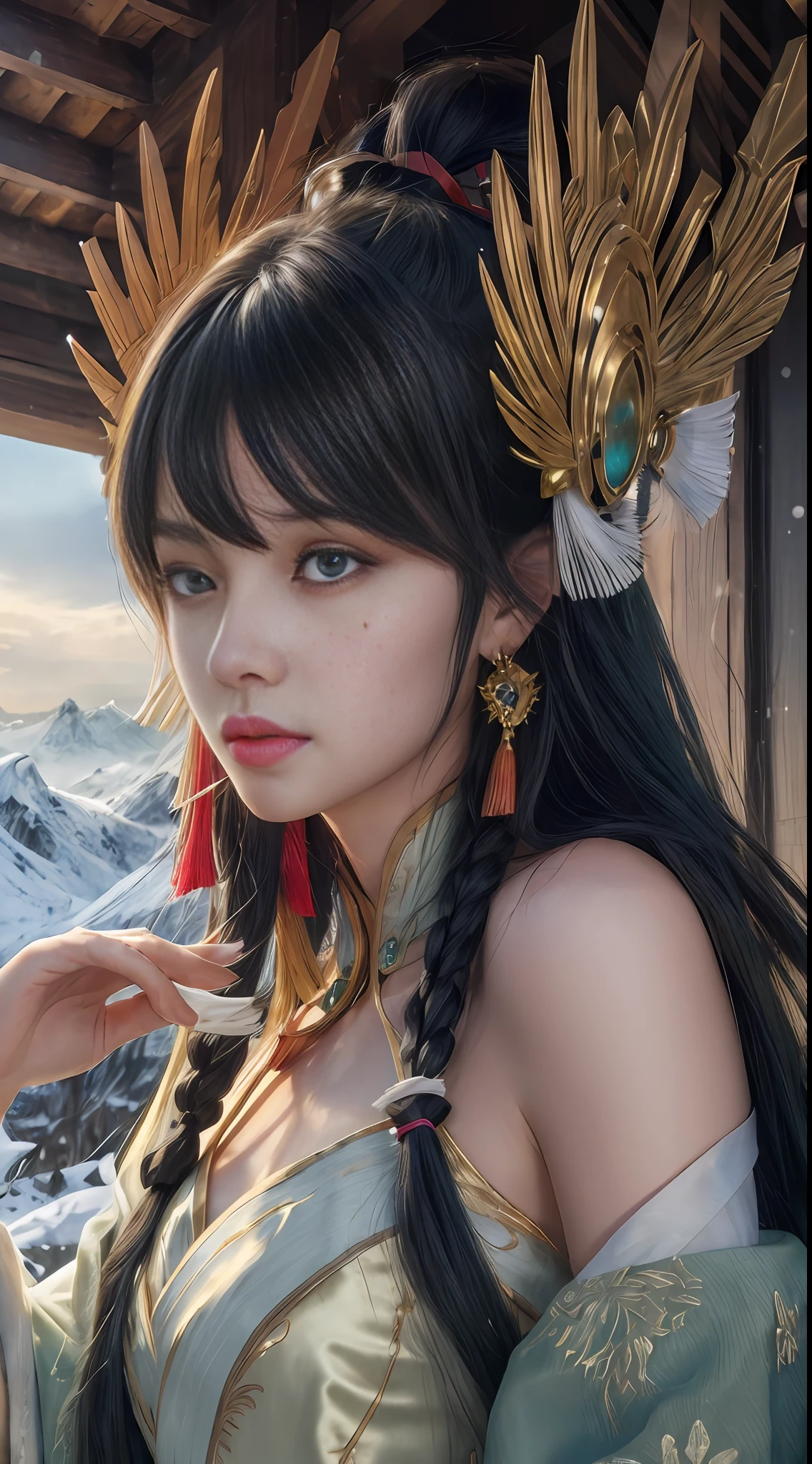 (masterpiece:1.5), illustration, 4K, 8k, (high quality:1.1), highly detailed, detailed face, HDR, vivid colors, natural lighting, pretty eyes, beautiful face, 1girl, 独奏, mountain, snow, chinese lantern, chinese_style, chinese_building, Paper-cutting fairy Irelia, MythmakerIrelia, long hair, multicolored hair, hair ornament, facial mark, white hair, green eyes, bangs, jewelry, gradient hair, (ribbon),