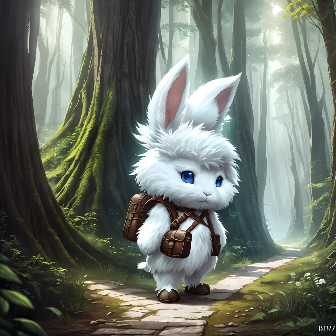 Classic negative portrait photo, fantasy video game character concept art, a cute white furry rabbit carrying a small brown leat...