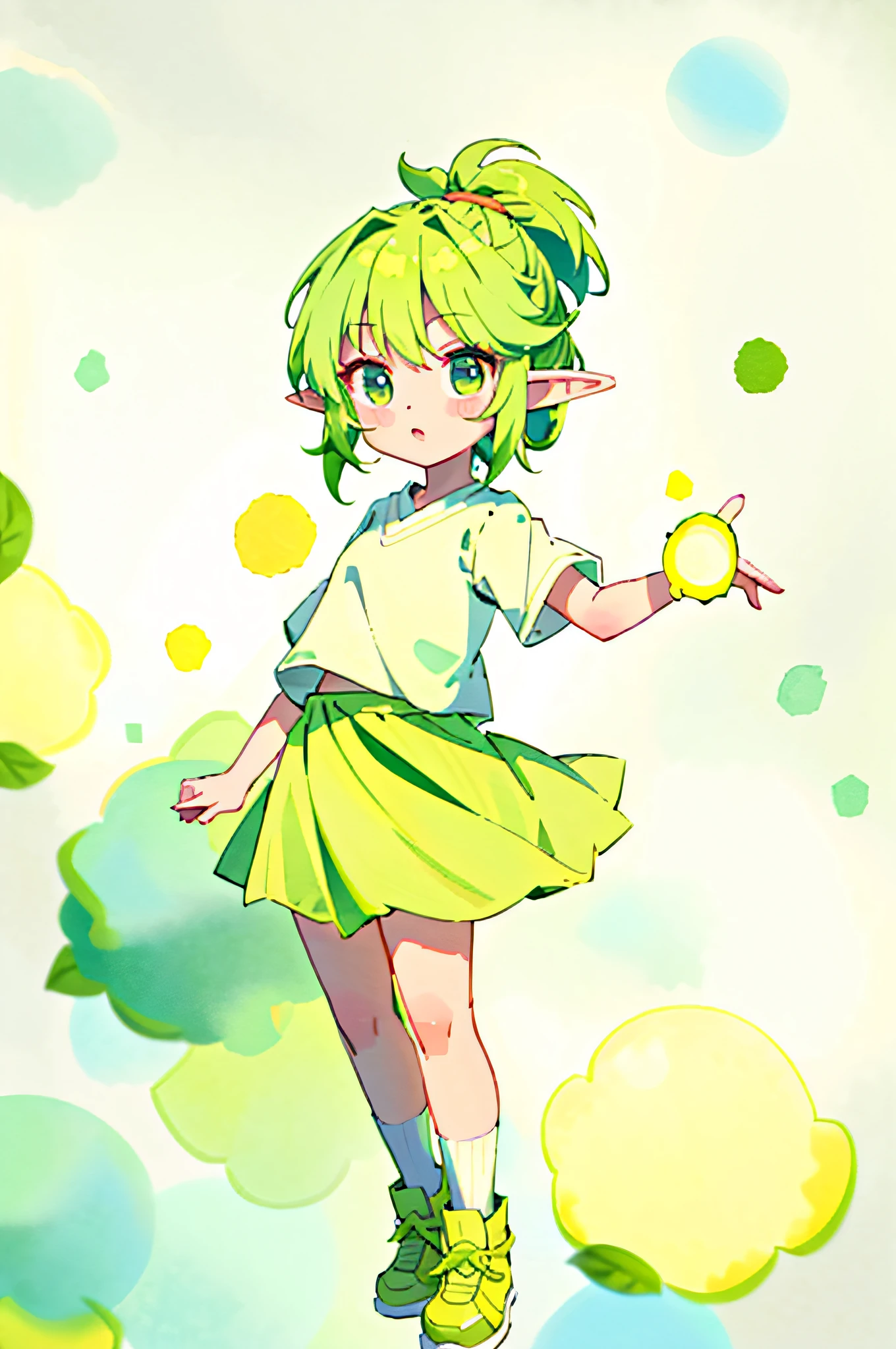 1 girl with green hair, light yellow skirt, elf, white background