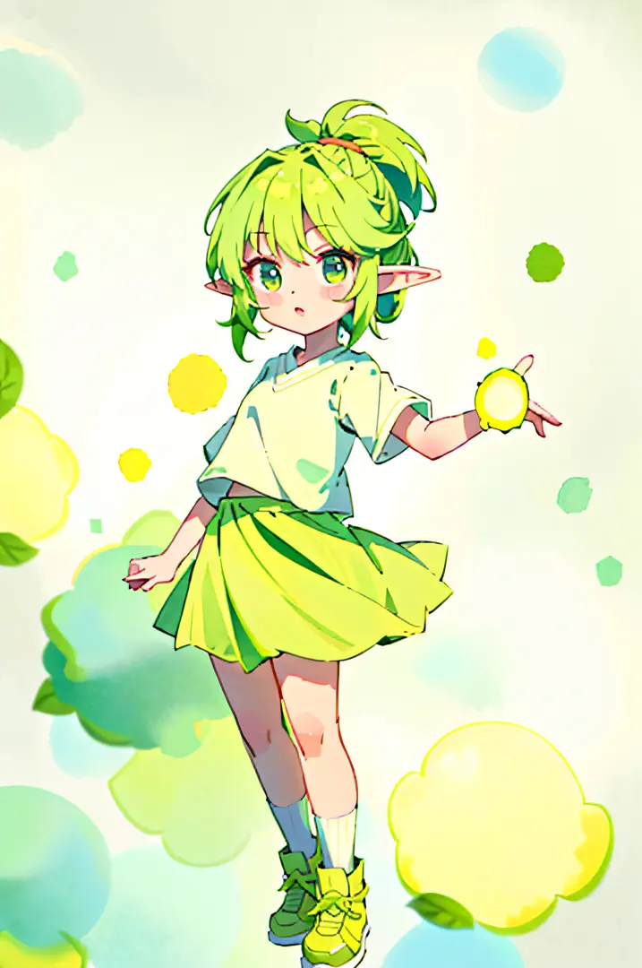 1 girl with green hair, light yellow skirt, elf, white background