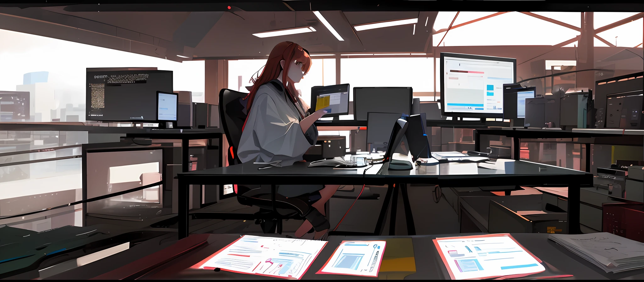 There is a woman sitting at her desk, holding a laptop with a monitor on the table, computer screen showing stock information, red and green candlestick chart, digital animation illustration, in pixiv, keyframe illustration, digital animation art, guweiz on pixiv art station, ArtStation pixiv trend