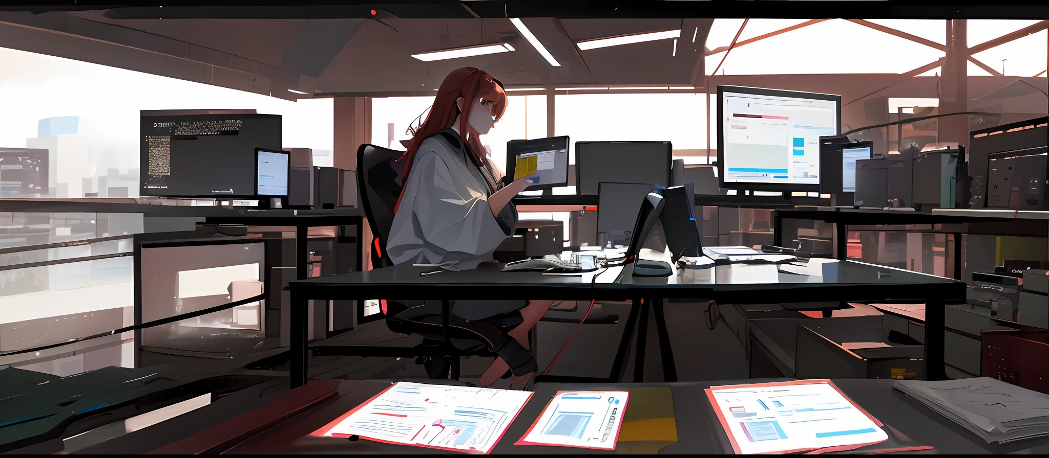 Há uma mulher sentada em sua mesa, segurando um laptop com um monitor na mesa, tela de computador mostrando informações de ações, gráfico de candlestick vermelho e verde, Ilustração de animação digital, No Pixiv, ilustração de quadro-chave, arte de animação digital, Guweiz na estação de arte pixiv, artstation pixiv tendência