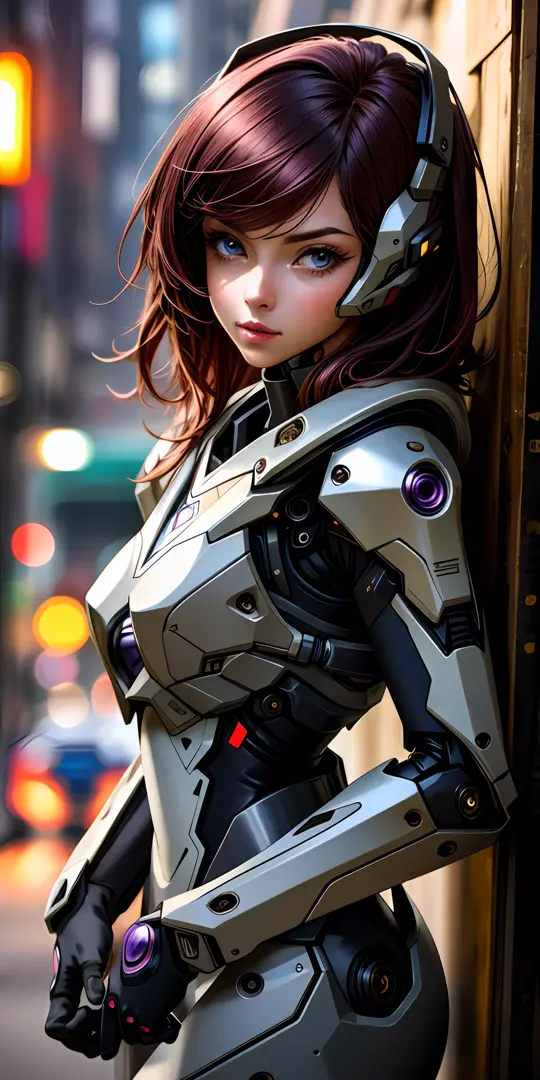 portrait photo of a cute woman, perfect eyes, worn mecha exosuit, (light bokeh)), complex, (purple painted steel metal [rust]), ...