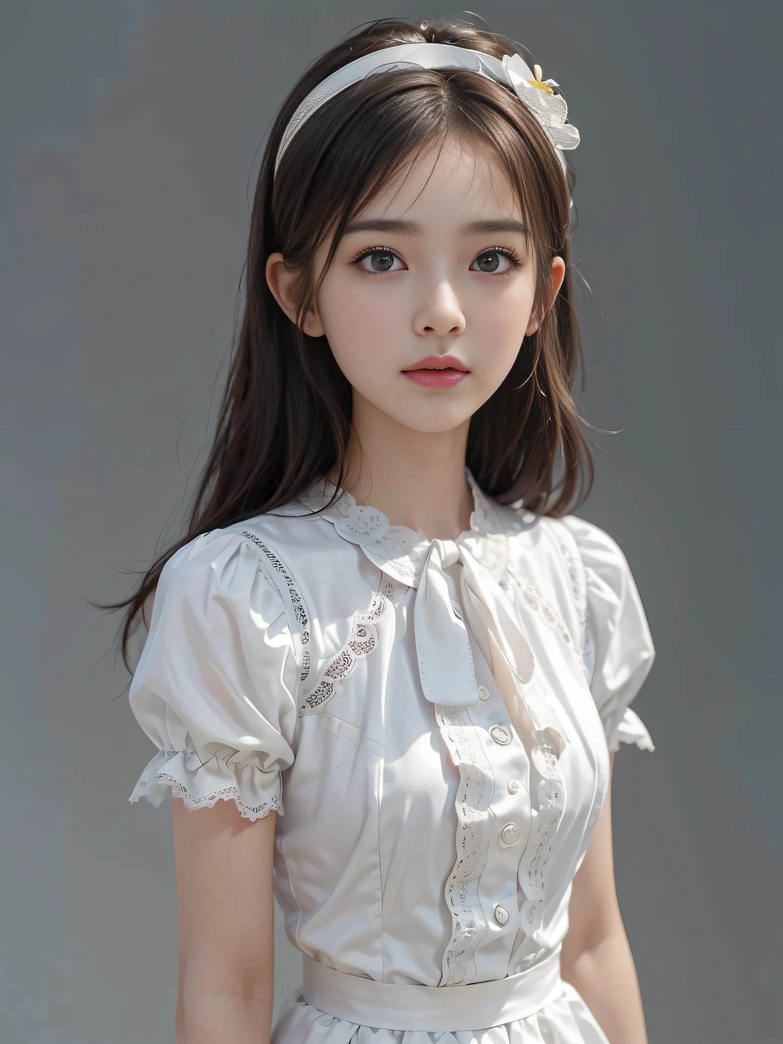 dressed, (photorealistic: 1.4), (hyperrealistic: 1.4), (realistic: 1.3), (smooth lighting: 1.05), (cinematic lighting quality improvement: 0.9), 32K, 1 girl, Japan woman, realistic lighting, backlit, face lights, ray tracking, (bright light: 1.2), (quality improvement: 1.4), ( Top quality realistic textured skin: 1.4), fine detailed eyes, detailed face, fine quality eyes, brown eyes, (tired and sleepy and satisfied: 0.0), white silk blouse with ruffles and lace, ribbon ties with thin strings, dark brown hair, short cropped bangs hanging on the forehead, small flower headband, one adult woman with a faint smile, (white background)