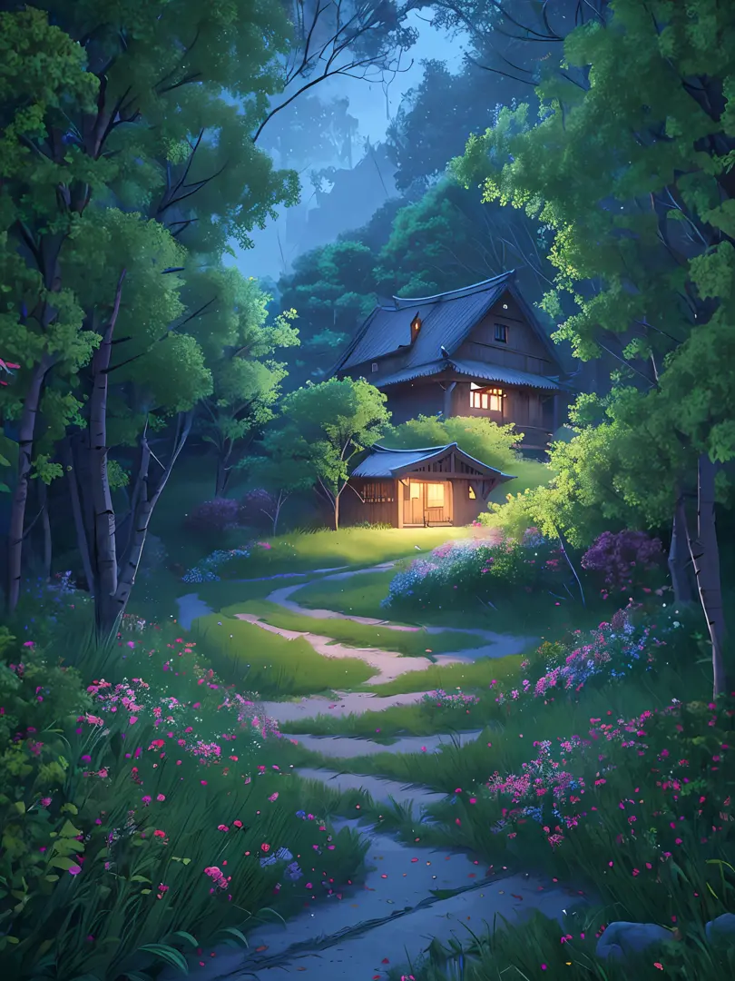 nighttime scene of a house in a forest with a path leading to it, calm night. digital illustration, beautiful house on a forest ...