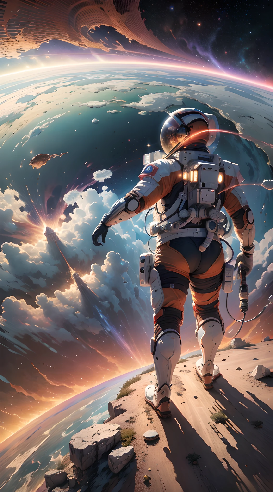 ((Masterpiece)), (Best Quality)), 8K, high detail, hyper-detail, the painting depicts a scene of breathtaking magnificent spatial images. The picture shows a man wearing a spacesuit, facing back, looking at a red glowing planet in space. The scenes are extremely detailed and the clarity is extraordinary, capturing every intricate detail of the panorama.