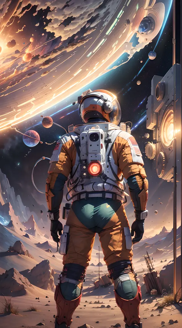 ((Masterpiece)), (Best Quality)), 8K, high detail, hyper-detail, the painting depicts a scene of breathtaking magnificent spatial images. The picture shows a man wearing a spacesuit, facing back, looking at a red glowing planet in space. The scenes are extremely detailed and the clarity is extraordinary, capturing every intricate detail of the panorama.