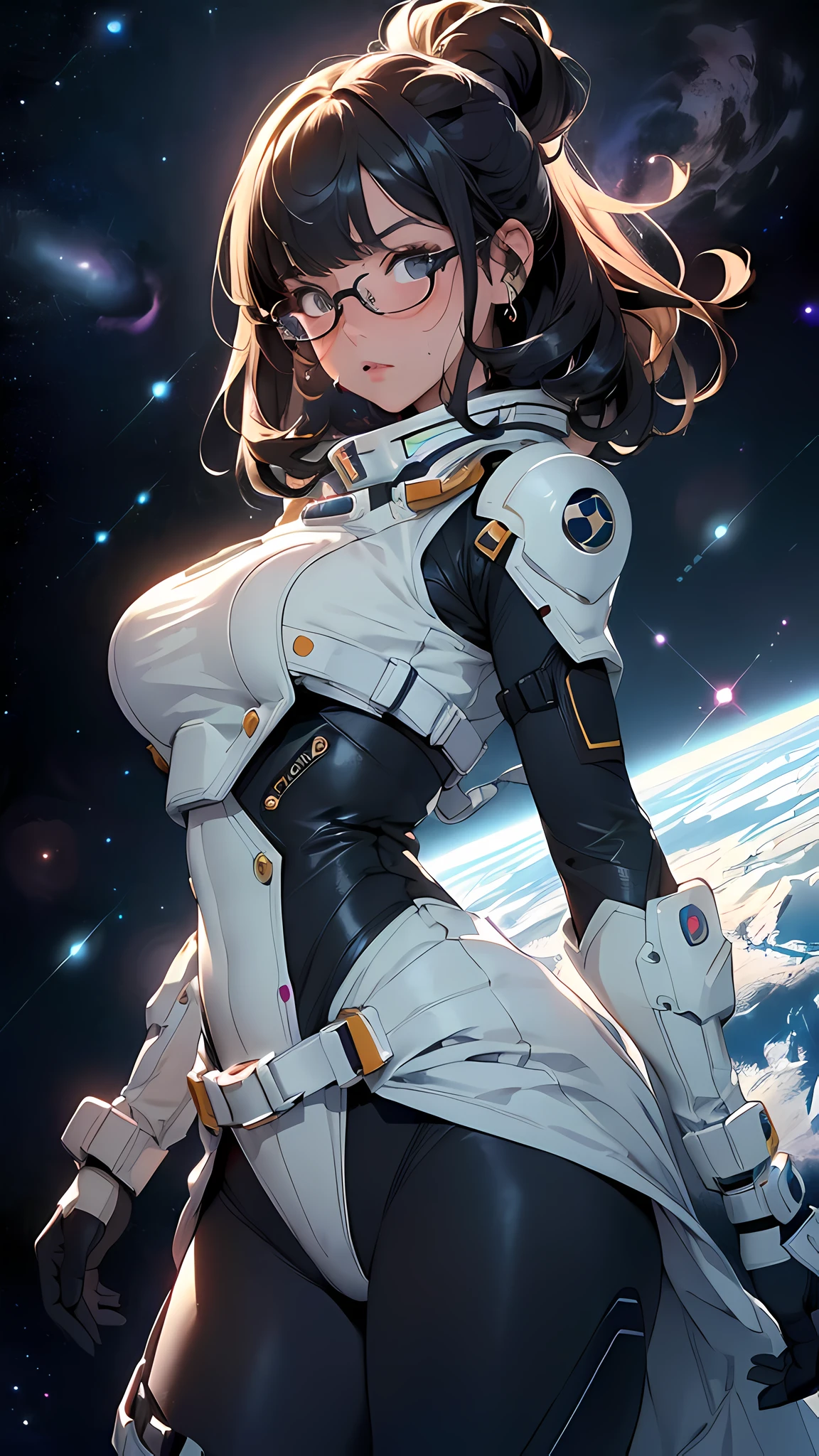 spacepunk, (Universe Background: 1.5, detailed background:1.25), (Isometric: 1.0), double exposure, (masterpiece, best quality:1.3), (highres:1.5), absurdres, ultra detailed, (1girl:1.3), (dynamic pose):1.0 BREAK, ((upper body image:1.3)), ((1 extremely cute and beautiful tearful girl taking a spacewalk at Universe)), stars, gas, star, starry, space, shooting star, crescent moon, hyper-space, (upturned eyes:1.3), (ear breathing), solo focus, starry night, (wearing a mechanical space body armor:1.3), (black wavy bob hair:1.35, bangs;1.35),  (large-breasted:1.35), (fat:1.2), glasses, streaming tears, tearful, tears, sad, 7.5 life size, detailed clothes, detailed body, detailed arms, human hands, detailed hands, blush, open mouth, (look back:1.15), (thrust out one's hip:1.35), studio soft light, cinematic light, detailed background, realistic, ultra-realistic, masterpiece,