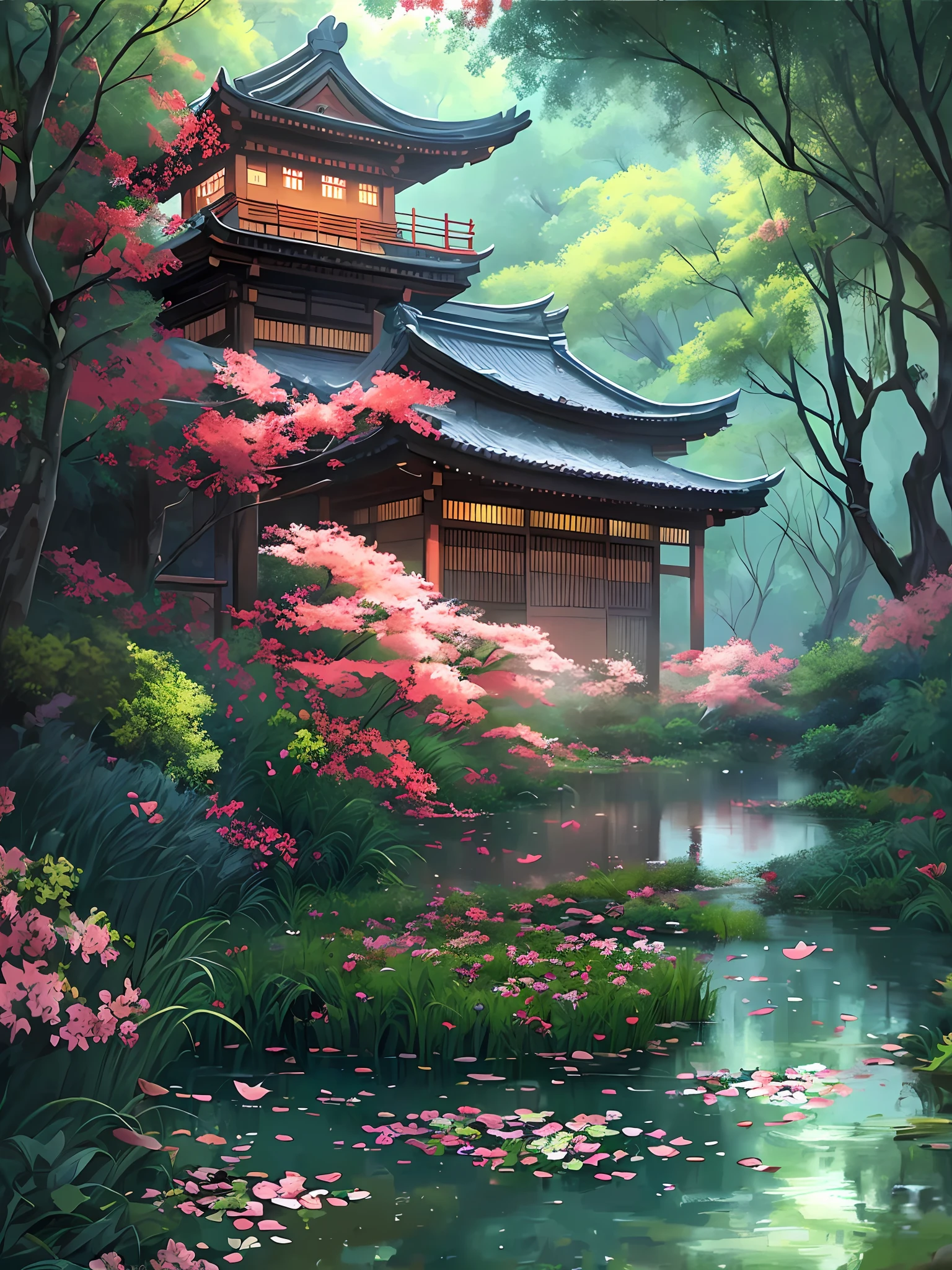 一幅日本房屋画，位于森林中，旁边有一个池塘, 美丽的数字艺术作品, andreas rocha 风格, 灵感来自 Andreas Rocha, 美丽的数字绘画, 宝塔的数字绘画, 作者：Yang J, 禅寺背景, 令人惊叹的数字绘画, 华丽的数字绘画, 非常漂亮的数字艺术, 一幅美丽的艺术插图, 安静祥和的气氛, 日本艺术风格, 宁静的插图