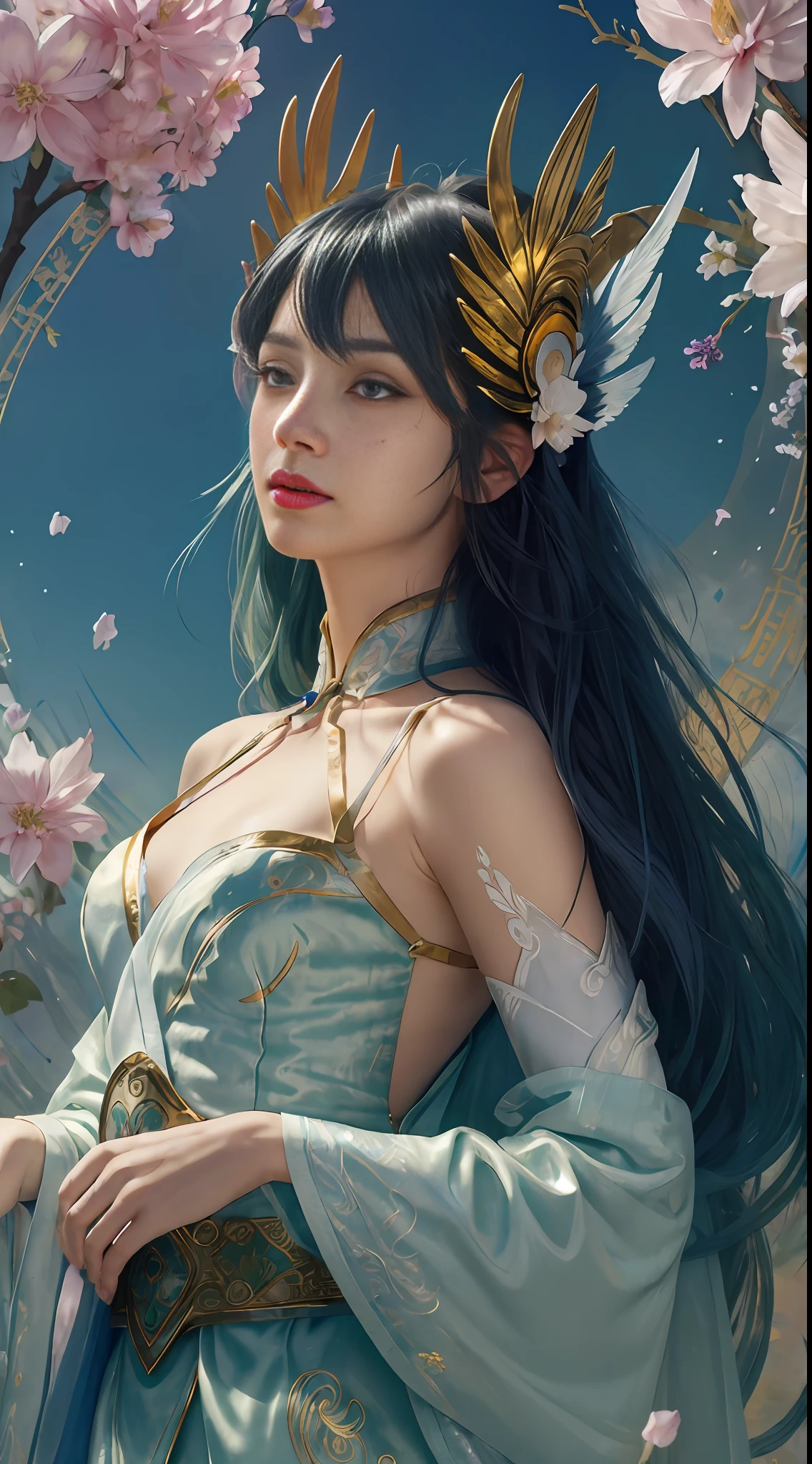 (Masterpiece:1.5), illustration, 4K, 8K, (High quality:1.1),fairy, highly detailed, detailed face, HDR, bright colors, natural lighting, pretty eyes, beautiful face, 1 girl, solo, chinese lantern, chinoiserie, chinese architecture, paper cut fairy irelia, myth maker irelia, long hair, multicolored hair, hair accessories, face markers, white hair, green eyes, bangs, jewelry, gradient hair, (ribbon), (throwing knife)), magic background, flowers, flowers, flowers,