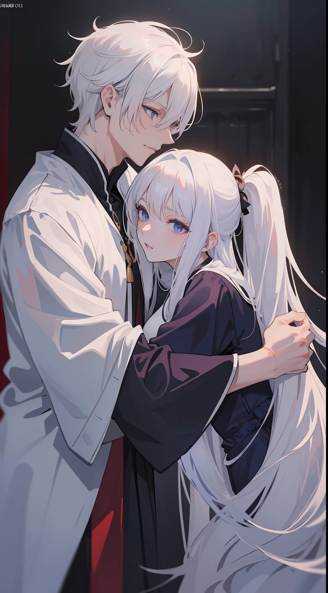 1man, sharp blue eyes with sharp pupils, white sharp hair and he was wearing black noble robes and, intimate hug and going to kiss with his lovely wife ((4 face))