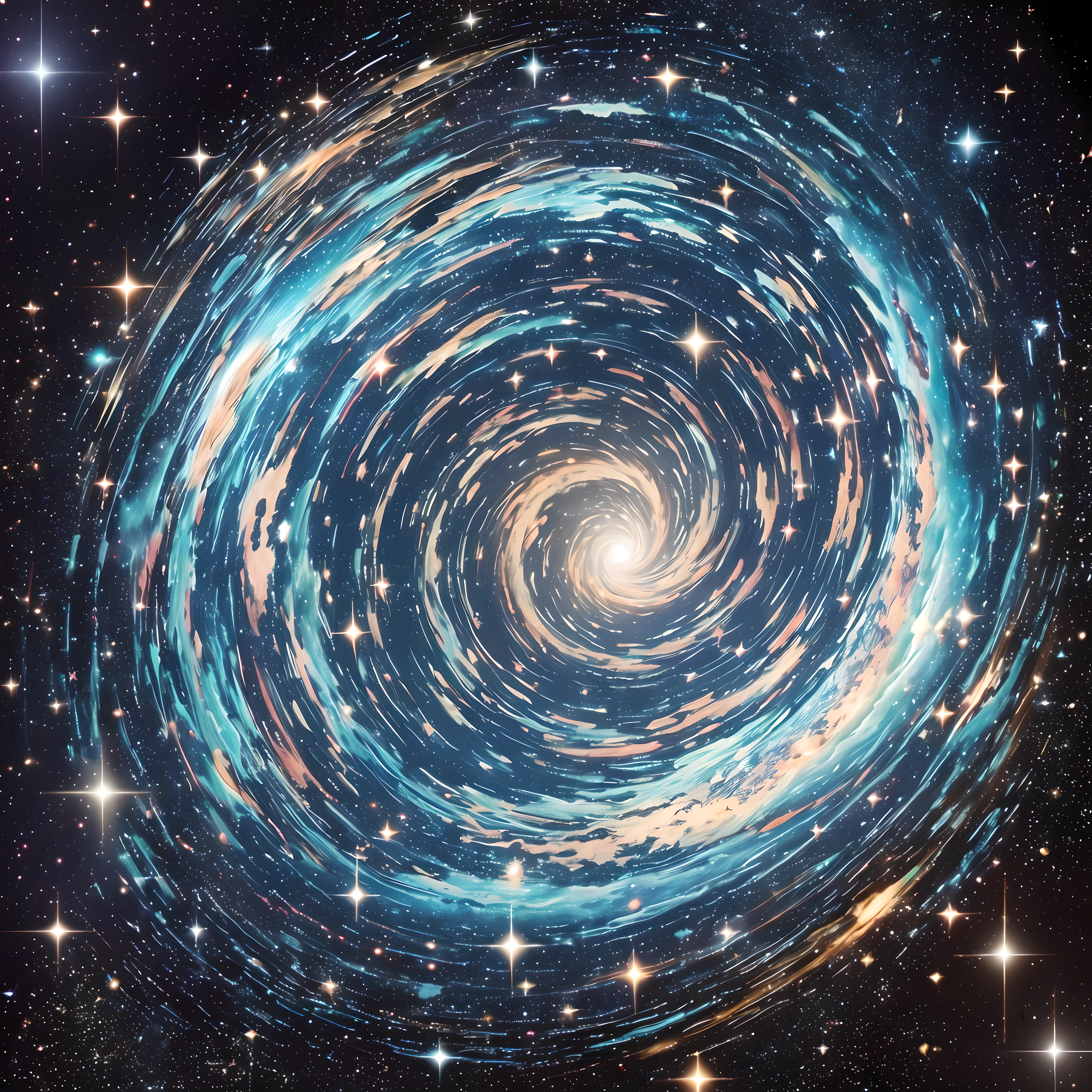 Behold the breathtaking sight of the universe, as seen through the lens of the Hubble telescope and post-processed in Photoshop. An assortment of galaxies graces the celestial vista, ranging from colossal spirals to dwarf ellipticals, painting a vivid tapestry of cosmic diversity. Myriads of stars sparkle against the predominantly black expanse, like celestial diamonds in the night. Illustration, meticulously crafted with digital brushes