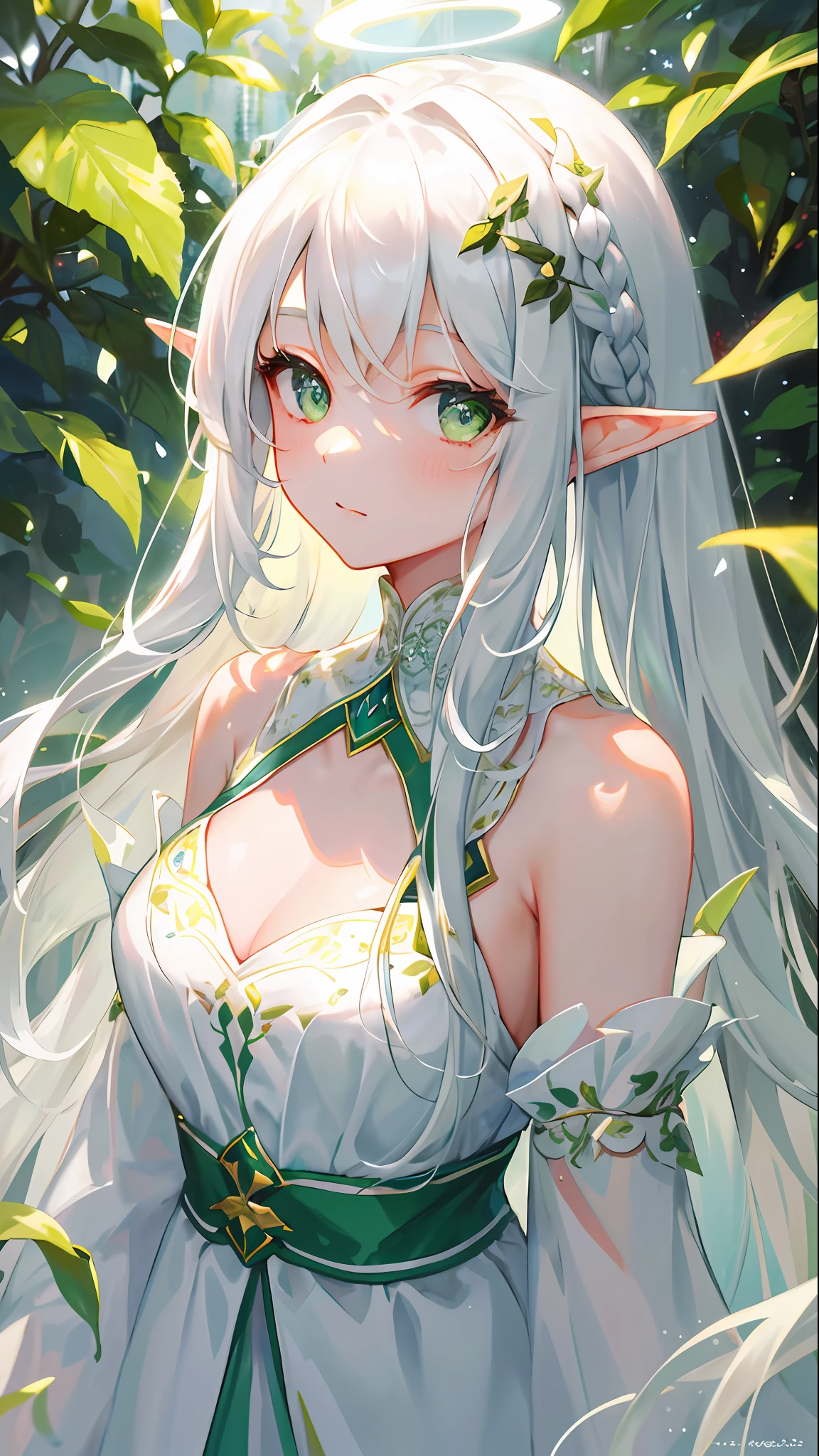 masterpiece, superb painting, Illustrations, 1 girl, cute, (dynamic light: 1.2), cinematic light, delicate facial features, (beautiful eyes: 1.2), (bright green eyes: 1.233), waterfall braid, extra long white hair, elf ears, depth of field, background bokeh, clear focus, (super detailed, halo, glow: 1.4), long white hair, beautiful girly face, fair, medium, glowing body, (bare shoulders: 1.1), (nudity: 1.1), dress, trimmed white, Delicate and gorgeous, (slit sleeves, wide sleeves), leafy green hairpin