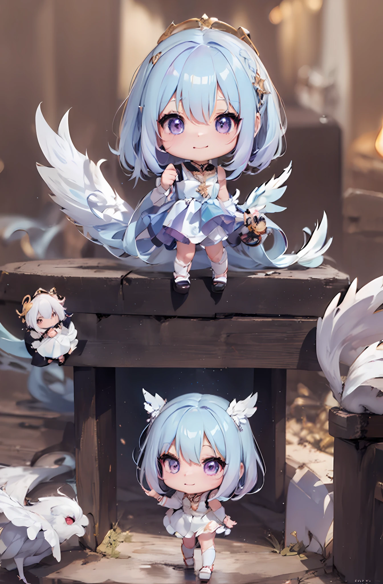 1 boneco de anjo de anime, (chibi: 1.2), Arte detalhada de alta qualidade em 8K, Penas brancas nas costas, Luz purple hair, Gradiente, Cintilação, estilo como nendoroid, anime estilizado, estilo anime 4K, Arte digital detalhada e fofa, Arte em estilo Guweiz, 8K octar renderizando fotos, arte chibi digital avançada, renderização 3d fofa, estilo anime, Luz, brilho