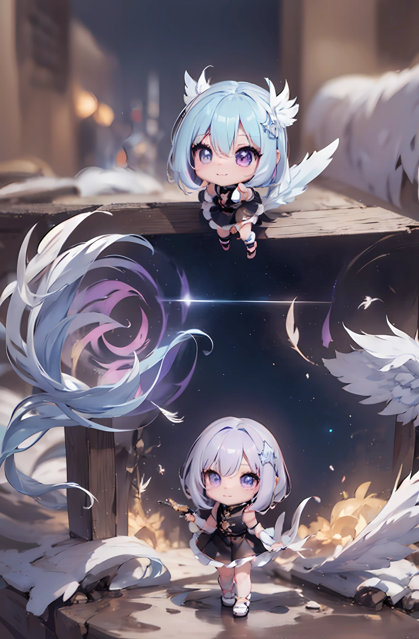 1 anime angel doll, (Chibi: 1.2), 8K high quality detail art, white feathers on the back, light purple hair, gradient, twinkle, style as Nendoroid, stylized anime, anime style 4K, cute detailed digital art, Guweiz style artwork, 8K octar rendering photos, advanced digital chibi art, Cute 3d render, anime style, light, glow