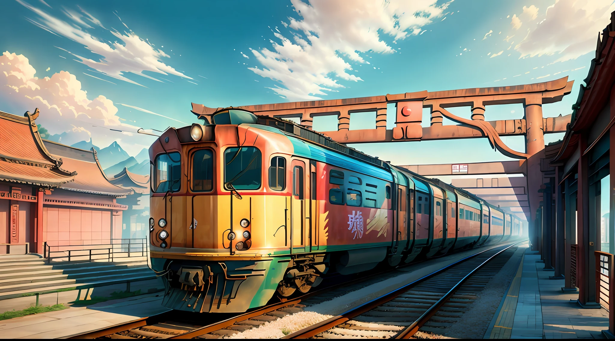 Trains in China in the eighties, torii, sharp and clear, very realistic (weight: 1.4), HDR, 4K, create a sense of panorama.