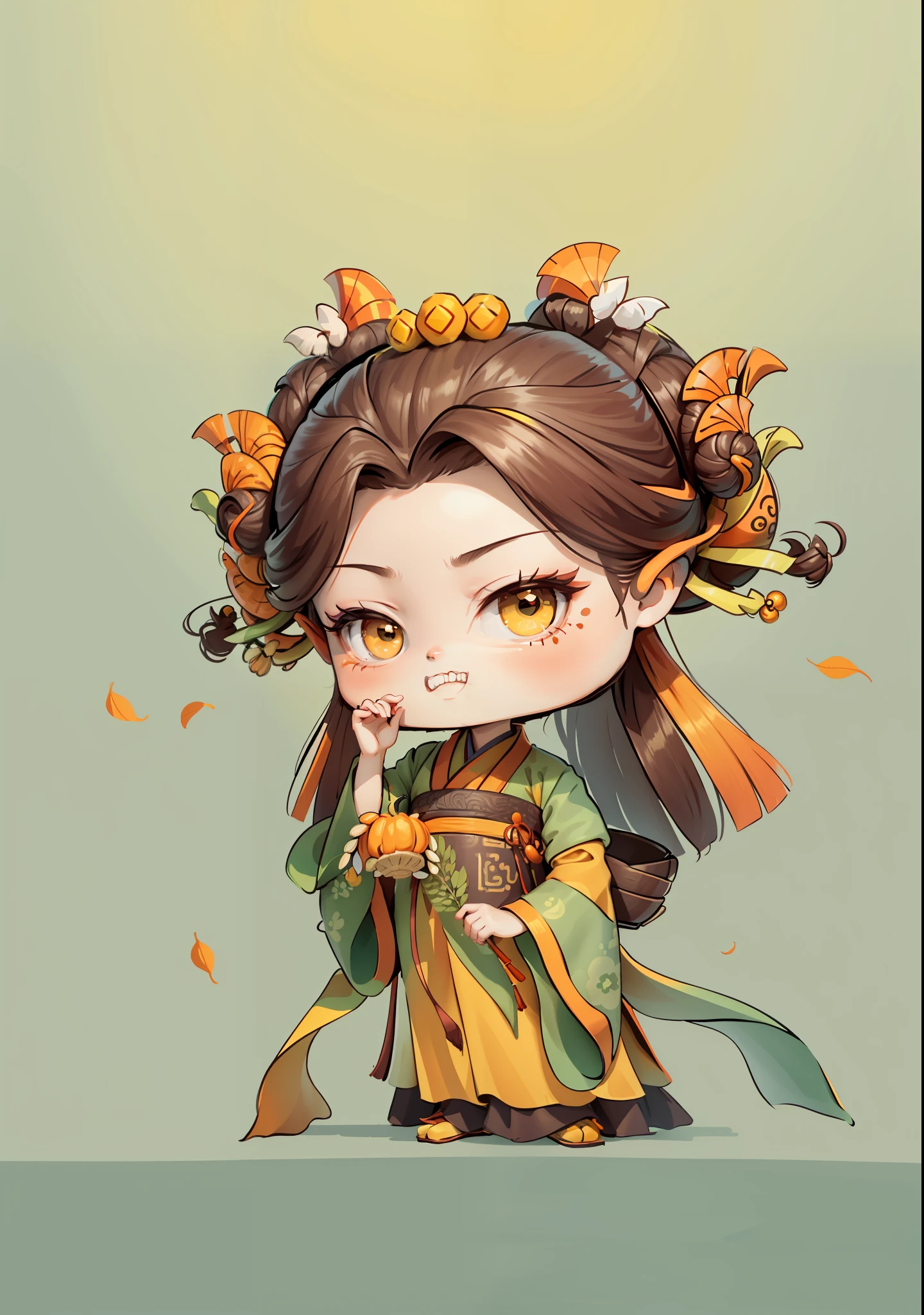 A Chinese girl in Hanfu, holding a rice ear in one hand and a seed in the other, autumn, autumn, harvest, dark brown hair, ancient Chinese hair bun, pattern, yellow-green orange yellow color scheme, ginkgo biloba hair ornaments on both sides, some metal flower headdresses, bright color blocks, bright colors, line art, infinite details, fine painting, exquisite portrayal, blank background 8k